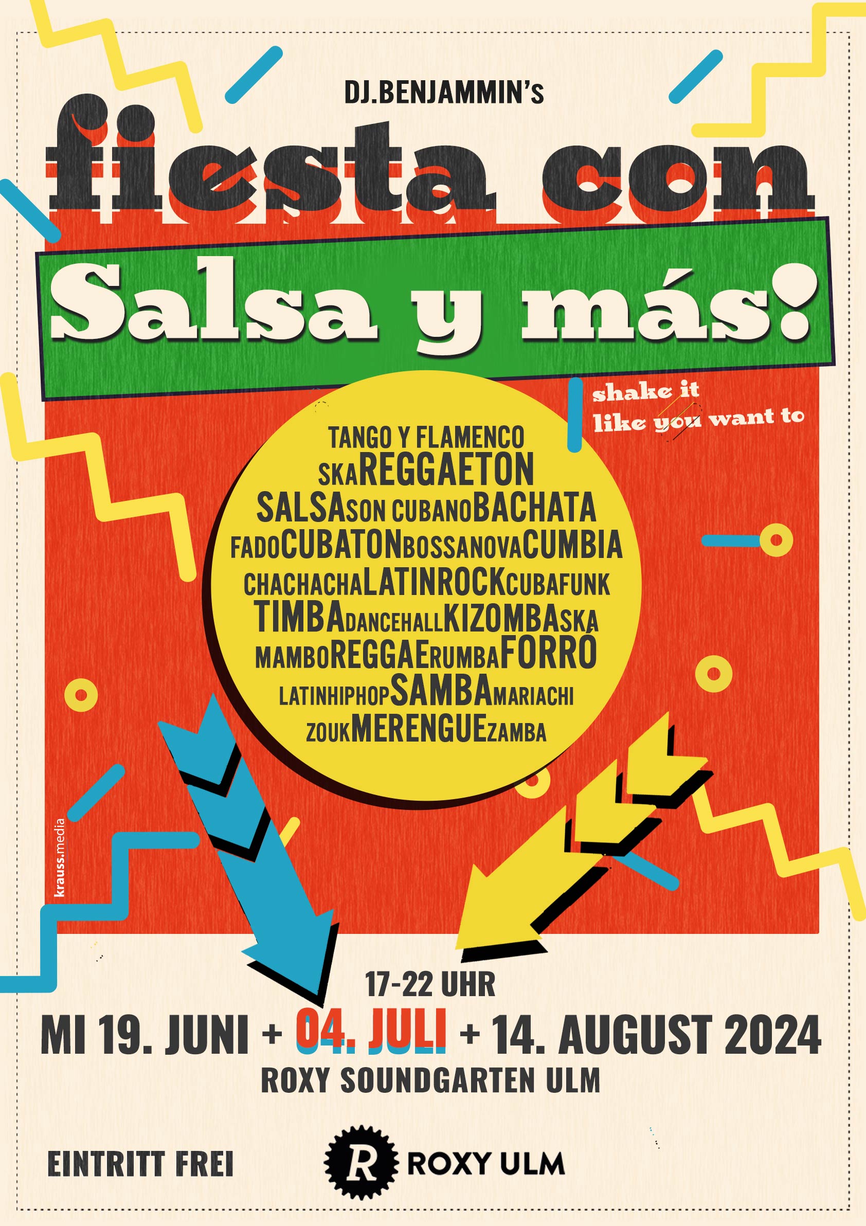 Latinparty "fiesta con Salsa y Más" im ROXY Soundgarten Ulm 2024 mit DJ BenJammin' am 19. Juni + 04. Juli + 14. August, Beginn: 17 Uhr, Ende: 22 Uhr